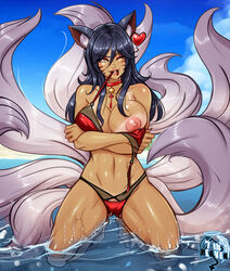 1girls 7th-heaven ahri areolae big_breasts breasts female female_only large_breasts league_of_legends nipples solo