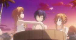 1boy 2girls animated blowing_kiss blue_eyes date_a_live eyes_closed female heart itsuka_shido nude onsen orange_hair sisters water yamai_kaguya yamai_yuzuru