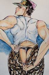 anus anus_peek ass big_ass butt clothed clothing depressed_dilf dilf jojo's_bizarre_adventure jotaro_kujo looking_at_viewer looking_back male male_only presenting puffy_anus solo solo_male stone_ocean thong unzipping watercolor_(artwork)