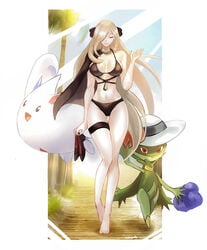 1girls alternate_costume bikini blonde_hair breasts cape closed_eyes cynthia_(pokemon) female hair_over_one_eye hat lipstick medium_hair nintendo pokemon pokemon_dppt roserade solo swimsuit togekiss tommietomm white_skin