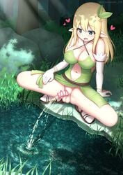 1futa arisu_kazumi balls belly belly_button big_breasts blonde_hair blue_eyes blush breasts censored censored_penis cleavage clothed clothing colored crouching dress elf elf_ears flaccid flaccid_penis floating_heart floating_hearts foreskin forest futa_only futanari gloves gold_bracelet green_clothing hair_ornament heart holding_skirt humanoid humanoid_penis large_breasts light-skinned_futanari light_skin long_ears long_gloves long_hair midriff_cutout original outside pale_skin pee pee_squat_outdoors peeing peeing_in_water penis pointy_ears pond public public_urination sandals satisfied small_balls socks solo spread_legs squatting water white_gloves woods