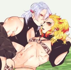 2boys alternate_costume ambush_(trap) animal_print bikini blonde_hair cleavage_cutout crop_top crossdressing demon_slayer ear_tag hair_down hand_in_another's_panties hand_in_panties hand_under_clothes kimetsu_no_yaiba kyu_717 looking_at_viewer male male_only muscular no_eyebrows red_eyes rengoku_kyoujurou silver_hair swimsuit thick_eyebrows two_tone_hair uzui_tengen yaoi