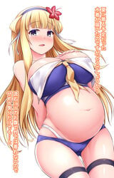 bangs big_breasts bikini blonde_hair blue_bikini blush female female_only fletcher_(kantai_collection) flower_in_hair hair_ornament headband japanese_text kamibakotaru kantai_collection long_hair looking_at_viewer mizunoe_kotaru pregnant sailor_collar solo swimsuit thigh_gap thigh_strap wide_hips