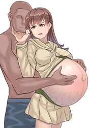 1boy 1girls big_belly brown_eyes brown_hair dark-skinned_male female garylin hand_on_another's_stomach hands_on_belly holding_belly huge_belly hugging_from_behind kantai_collection linea_nigra male navel ooi_(kantai_collection) outie_navel pregnant ready_to_pop school_uniform serafuku shirt_up stretch_marks uniform veiny_belly