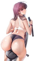 1girls ahoge ass back bangs bike_shorts blush breasts commentary_request damda dimples_of_venus exercise eyebrows_visible_through_hair fate/grand_order fate_(series) feet_out_of_frame female from_behind hair_intakes highres huge_breasts long_hair looking_at_viewer looking_back open_mouth pants purple_hair red_eyes scathach_(fate) scathach_(fate)_(all) shiny shiny_skin sideways_glance simple_background smartwatch solo sports_bra sportswear sweat watch white_background white_sports_bra wristwatch