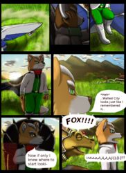 2012 anthro arwing canid canine ceratopsian comic dialogue dinosaur english_text fox fox_mccloud hi_res male mammal moltsi nintendo ornithischian prince_tricky reptile scalie star_fox text triceratops video_games