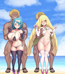 2boys 2girls alternate_breast_size beach big_breasts bikini blonde_hair blue_eyes blue_hair breast_grab breasts curvy_figure dark-skinned_male dark_skin eye_contact faceless_male female ffmm_foursome foursome green_eyes groping lana's_mother_(pokemon) large_breasts light-skinned_female light_skin looking_at_viewer lusamine_(pokemon) mature_female milf moni_pai nintendo pokemon pokemon_sm standing thick_thighs thighhighs thighs wide_hips