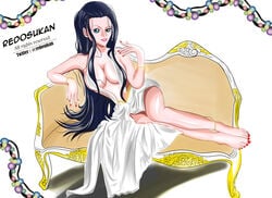 1girls artist_name big_breasts black_hair blue_eyes breasts breasts_out character_name copyright_name feet female female_only goddess green_eyes large_breasts lingerie long_hair looking_at_viewer nail_polish nails nico_robin one-piece_swimsuit one_piece red_lipstick redosukan smile tights