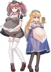 2girls apron ass_visible_through_thighs atlanta_(kantai_collection) big_belly big_breasts black_panties blonde_hair boots burger clothing dress earrings female female_only fletcher_(kantai_collection) frills fully_clothed garylin gloves grey_eyes hair_ornament hamburger hand_on_belly headgear kantai_collection loafers long_hair looking_at_viewer maid maid_uniform no_bra no_bra_under_clothes outie_navel panties pink_hair popped_navel pregnant ready_to_pop see-through_clothing sidebelly small_breasts smile thighhighs twintails white_legwear white_thighhighs