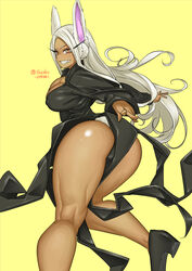 1girls big_ass bunny_ears cosplay crossover_cosplay dark-skinned_female dark_skin female female_focus female_only huge_ass miruko my_hero_academia one-punch_man rumi_usagiyama shosho_oekaki solo tatsumaki_(cosplay) thick_thighs white_hair