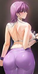 ass back bare_shoulders black_background breasts closed_mouth damda dumbbell eyebrows_visible_through_hair fate/grand_order fate_(series) female from_behind gradient gradient_background holding large_breasts long_hair looking_at_viewer looking_back pants purple_hair red_eyes scathach_(fate) scathach_(fate)_(all) sideboob solo standing sweat yoga_pants