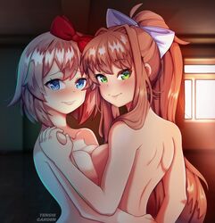 2girls big_breasts blue_eyes blush breast_to_breast breasts cute doki_doki_literature_club eye_contact female female_only green_eyes hair_ribbon hugging long_hair looking_at_viewer monika_(doki_doki_literature_club) ponytail pov pov_eye_contact sayori_(doki_doki_literature_club) short_hair smile tenshigarden upper_body yuri