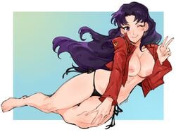 barefoot blue_background blush border breasts cleavage clothing commission curvy female gradient gradient_background hand_on_own_knee highres jacket kenshin187 large_breasts long_hair looking_at_viewer misato_katsuragi neon_genesis_evangelion nipples no_bra no_pants no_shirt one_eye_closed outside_border panties purple_eyes purple_hair red_jacket side-tie_panties sketch smile solo underwear v white_border wink