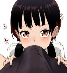 1boy 1girls black_shirt blush breasts brown_eyes brown_hair copyright_request erection fellatio female heart holding looking_at_viewer male_pubic_hair oral penis pubic_hair see-through see-through_clothing shin'ya_(shin'yanchi) shirt short_hair simple_background solo_focus speech_bubble straight very_short_hair white_background