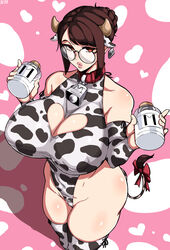 1girls absurd_res alecto_0 animal_collar animal_ears animal_print bangs barcode bell bottle breasts brown_eyes brown_hair cameltoe cleavage cleavage_cutout clothing_cutout collar covered_erect_nipples covered_navel cow_bell cow_girl cow_horns cow_print cow_tail detached_sleeves ear_tag erect_nipples erect_nipples_under_clothes fake_animal_ears female fingernails hair_bun heart_cutout hi_res highleg highleg_leotard horns huge_breasts impossible_clothes impossible_leotard legs_together leotard looking_at_viewer mature mature_female megane milk_bottle neck_bell nipples original pink_background pink_lips print_legwear print_leotard print_sleeves puckered_lips red_collar red_ribbon ribbon rimless_eyewear round_eyewear short_hair skindentation solo standing tail tail_ornament tail_ribbon thick_thighs thighhighs thighs tied_hair viewed_from_above