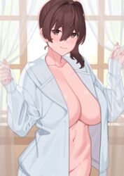 bangs breasts brown_eyes brown_hair cleavage closed_mouth commentary_request curtains female franham hair_between_eyes highres hood hoodie huge_breasts kaga_(kantai_collection) kantai_collection long_sleeves navel open_clothes open_hoodie side_ponytail sleeves_past_wrists smile solo white_hoodie window