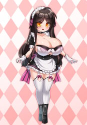 absurdres ahoge apron areola areolae bangs belt_collar big_breasts bimbo black_hair blush boots breasts cleavage cleavage_cutout clothing_cutout collar collarbone covered_erect_nipples dress eyebrows_visible_through_hair female frilled_dress frills full_body garter_straps gloves highres huge_areolae huge_breasts huge_nipples hyper_breasts katuu large_breasts long_hair maid maid_apron maid_headdress nipples nipples_visible_through_clothing original ribbon see-through shortstack smile solo thighhighs transparent_clothes transparent_clothing underboob_cutout white_gloves yellow_eyes