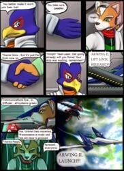 2012 anthro arwing avian canid canine comic dialogue english_text falco_lombardi fox fox_mccloud great_fox hi_res male mammal moltsi nintendo spacecraft star_fox text vehicle video_games