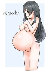 agano_(kantai_collection) aqua_eyes big_belly black_hair female female_only garylin huge_belly kantai_collection long_black_hair long_hair nude outie_navel popped_navel pregnancy_progression pregnant ready_to_pop solo stretch_marks