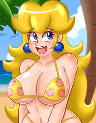 1girls aladeen alternate_breast_size areola areolae beach big_breasts bikini blonde_hair blue_eyes blush breasts earrings eyebrows_visible_through_hair female female_only large_breasts long_hair mario_(series) milf navel nintendo open_mouth outdoors palm_tree princess_peach sky smile solo standing swimsuit teeth tongue tree yellow_bikini