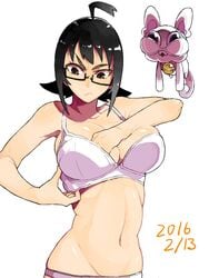 10s 2016 adjusting_bra adjusting_clothes ahoge annoyed black_hair bra breasts female glasses large_breasts navel panties semi-rimless_eyewear shiny shiny_skin short_hair sudeni_sokurou underwear white_background white_bra white_panties