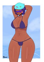 background beach big_breasts bikini blue_hair brawl_stars breasts dark-skinned_female dark_skin dewi_aleman earrings female female_only glasses muscular open_mouth purple-tinted_eyewear purple_hair rosa_(brawl_stars) sunglasses sweat sweatdrop tinted_eyewear visor watermark