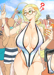 blonde_hair breasts cellphone crowd crowd_taking_pictures curvy female green_eyes hair_pulled_back highleg highleg_swimsuit highres huge_breasts low_ponytail one-piece_swimsuit original phone red-framed_eyewear smartphone solo_focus sudeni_sokurou swimsuit taking_picture waving