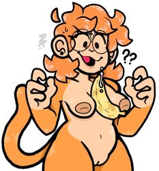 anthro banana completely_nude cum female_only furry glasses inverted_nipples lavabutts lboi97 minky_(lboi97) monkey monkey_girl orange_fur tagme tail