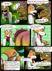 2013 anthro bone_frill canid canine ceratopsian comic dialogue dinosaur english_text fox fox_mccloud frill_(anatomy) head_crest head_frill hi_res humor male mammal moltsi nintendo ornithischian prince_tricky reptile scalie star_fox text triceratops video_games