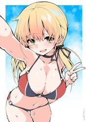 1boy 2d bikini blonde_hair breasts cleavage green_eyes kantai_collection large_breasts outdoors prinz_eugen_(kantai_collection) sakakiba_misogi short_hair smile solo sweat thighs v_sign