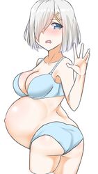 1girls ass big_belly big_breasts blue_bra blue_eyes blue_panties blush bob_cut bra cleavage clothing exposed_belly female female_only garylin hair_over_one_eye hairclip hamakaze_(kantai_collection) huge_belly kantai_collection looking_at_viewer looking_back matching_underwear open_mouth outie_navel panties popped_navel pregnant ready_to_pop short_hair sidebelly solo underwear_only white_background white_hair