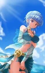 1girls alternate_costume bangs bikini blue_bikini blue_hair blue_swimsuit breasts brown_eyes cleavage female fire_emblem fire_emblem:_three_houses fire_emblem_heroes from_below gm_laz grin large_breasts light_blue_hair looking_at_viewer looking_down marianne_von_edmund marianne_von_edmund_(summer) nintendo ocean outdoors outside purple_eyes sarong short_hair smile solo swimsuit thick_thighs water white_skin