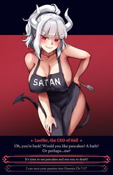 apron blush breasts devil_tail female fork foxy_rain_(foxyreine) foxyrain_(foxyreine) foxyreine game_mechanics helltaker horns looking_at_viewer lucifer_(helltaker) mole mole_on_breast mole_under_eye nail_polish naked_apron open_mouth pussy red_eyes smile solo tail