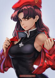 1girls armpits beret big_breasts breasts brown_eyes clothing cross_necklace dress eyelashes eyeliner female female_only hat hi_res jacket jewelry lipstick long_hair looking_at_viewer magion02 makeup misato_katsuragi nail_polish necklace neon_genesis_evangelion solo solo_female solo_focus undressing