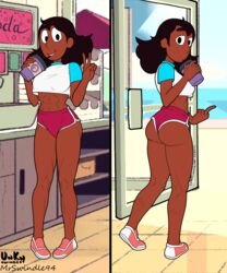 1girls 2koma abs aged_up ass ass_focus athletic_shorts big_ass black_hair booty_shorts bottomwear breasts cartoon_network clothing connie_maheswaran covered_breasts covered_nipples covered_pussy dark-skinned_female dark_hair dark_skin dolphin_shorts drinking drinking_straw female female_focus female_only full_body hot_pants hotpants human legs looking_at_viewer middle_finger midriff muscular_female peace_sign pink_shorts public shirt shoes short_hair short_shorts shorts solo solo_female solo_focus sportswear standing steven_universe straight_hair top topwear unknowingest v v_sign