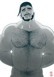 bara beard belly black_hair chairman_rose cum cum_on_face cum_on_upper_body doctor_anfelo gay hairy hairy_chest hairy_male male male_only monochrome muscles muscular muscular_male nipples nude pokemon pokemon_ss solo solo_male tongue_out