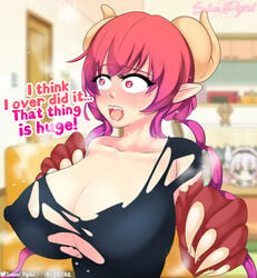 2girls absurd_res artist_name blurry_background blush blush_lines claws collarbone dragon_girl dragon_horns english_text eyebrows_visible_through_hair gradient_hair huge_breasts ilulu_(dragon_maid) kanna_kamui microwave miss_kobayashi's_dragon_maid open_mouth patreon_logo patreon_username pointy_ears sharp_teeth sodomi_pigtail sofa statuette text tongue torn_clothes torn_t-shirt twitter_logo twitter_username upper_teeth very_long_hair