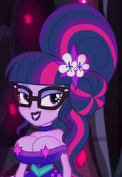 accurate_art_style bare_shoulders big_breasts bimbo blunt_bangs bouncing_breasts choker cleavage covered_nipples dress equestria_girls flower_in_hair friendship_is_magic glasses hasbro horny huge_breasts legend_of_everfree looking_at_viewer my_little_pony purple_eyes purple_skin sci-twi seductive_smile smile twilight_sparkle_(mlp) very_long_hair wanderingeditor