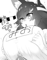 animal_ear_fluff animal_ears blush breasts cum cum_on_body cum_on_breasts ejaculation eyebrows_visible_through_hair female fuwakuyuu highres hololive hololive_gamers hololive_japan huge_breasts kemonomimi large_breasts long_hair monochrome name_tag ookami_mio open_mouth paizuri paizuri_under_clothes shirt simple_background streaked_hair virtual_youtuber white_shirt wolf_ears wolf_girl