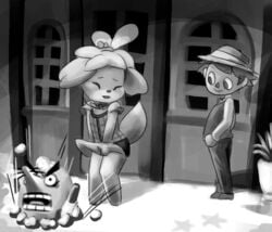 1girls 2017 2boys accidental_exposure angry animal_crossing animal_crossing_boy anthro bare_legs canine clothed clothing dog_ears dog_tail female furry greyscale hat helmet isabelle_(animal_crossing) leaning_forward looking_at_another looking_at_ass male mining_helmet minus8 mole_(animal) monochrome mr._resetti multiple_boys nintendo open_mouth outdoors parody plant pose raised_tail skirt skirt_lift smile standing suit tail teeth thick_eyebrows thighs tied_hair tongue villager_(animal_crossing) wind_lift