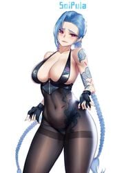 1girls big_breasts blue_hair blueorca female female_only jinx_(league_of_legends) league_of_legends pink_eyes solo tagme tattoo thick_thighs