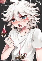 2boys bangs black_background blue_eyes blush collarbone commentary_request cum cum_in_mouth cum_on_body cum_on_clothes cum_on_food cum_on_hair danganronpa danganronpa_(series) danganronpa_2:_goodbye_despair eyebrows_visible_through_hair facial food fork fruit heart holding holding_fork hoshihuri looking_at_viewer messy_hair multiple_boys nagito_komaeda no_jacket open_mouth penis print_shirt shirt short_sleeves solo_focus straight_hair strawberry t-shirt tongue tongue_out translation_request white_hair yaoi