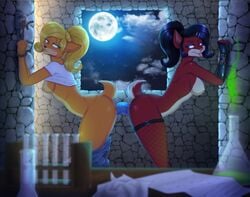 2girls anthro ass ass_to_ass bound_wrists coco_bandicoot crash_(series) creaturecola dildo double_dildo evil_coco fishnet fishnet_legwear fishnet_stockings full_moon furry medium_breasts moon night night_sky nipples pants_down pantyhose shared_object_insertion sky stone_wall tongue tongue_out yuri