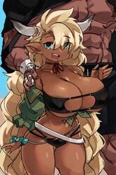 1boy 1girls almeida_(granblue_fantasy) beach big_breasts blonde_hair braided_ponytail cleavage cow_ears cow_horns dark-skinned_female dark-skinned_male dark_skin draph draph_race_(granblue_fantasy) earrings female female_focus granblue_fantasy green_eyes hand_on_shoulder happy hi_res horns long_hair looking_at_viewer male muscles muscular muscular_male penis_bulge shortstack size_difference swimsuit twin_braids vaseraga zanamaoria