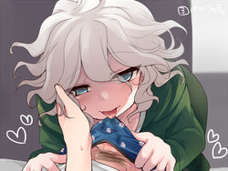 2boys bangs blue_eyes blue_male_underwear blush bulge collarbone danganronpa danganronpa_(series) danganronpa_2:_goodbye_despair eyebrows_visible_through_hair green_jacket grey_background grey_hair hand_on_another's_cheek hand_on_another's_face heart hinata_hajime hoshihuri imminent_fellatio jacket licking licking_penis licking_through_clothes long_sleeves looking_at_viewer male_pubic_hair male_underwear multiple_boys nagito_komaeda pubic_hair saliva shirt solo_focus straight_hair tongue tongue_out translation_request underwear yaoi