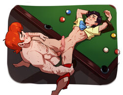 2boys anal anal_penetration anal_sex black_hair body_hair disney erect_nipples erect_penis erection exposed_nipples facial_hair gay hands_above_head lampwick legs_held_open male male_only multiple_boys pants_down penis_size_difference pinocchio pinocchio_(character) pleasure_face pool_ball pool_table red_hair ripushko sex shirt_up shorts_around_one_leg sweatdrop topless twink vest_removed yaoi