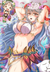 2girls alternate_costume armpits arms_behind_head bare_thighs bikini black_swimsuit blue_hair cleavage colored_inner_hair fairy fairy_wings female_only fire_emblem fire_emblem_heroes flower freyja_(fire_emblem) freyja_(summer)_(fire_emblem) goat grey_hair hair_flower happy horns large_breasts multicolored_hair nintendo one-piece_swimsuit open_mouth open_smile pelvic_curtain petals pink_flower plumeria_(fire_emblem) plumeria_(summer)_(fire_emblem) plushie red_eyes red_horns sandals sexy_armpits smile solo_focus sweat swimsuit very_long_hair violet_migu18 wet white_bikini white_swimsuit