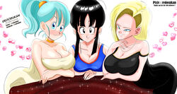 1girls 3girls android android_18 artist_name ass black_eyes black_hair blonde_hair blue_eyes blue_hair blush breasts bulma_briefs character_name chichi copyright_name dragon_ball dragon_ball_super dragon_ball_z high_resolution highres long_hair milf ponytail redosukan short_hair shy smile teenager waifu2x young