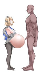 1boy 1girls aqua_eyes blonde_hair cape censored censored_penis colorado_(kantai_collection) dark-skinned_male faceless_male female garylin gloves hands_on_hips hat headgear huge_belly kantai_collection male medium_breasts mosaic_censoring necktie nude_male outie_navel pantyhose popped_navel pregnant profile ready_to_pop short_hair sidebelly sideboob skirt_up smile torpedo_belly