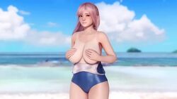 1girls 3d animated areola bathing_suit beach bouncing_breasts breasts breasts_out covering covering_breasts dead_or_alive dead_or_alive_5 dead_or_alive_5_last_round doahdm female female_only game honoka_(doa) large_ass light-skinned_female ninja_gaiden nipples solo solo_focus tanline tecmo thick_thighs topless video video_games